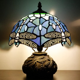 Small Tiffany Table Lamp Blue Dragonfly Style Stained Glass Desk Lamp 10X11.5 Inch Mushroom Table Light for Office Home Living Room Bedroom