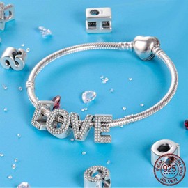 BEEUVIP 925 Sterling Silver Alphabet Letter Charm Bead Fits European Bracelets, Silver, Cubic Zirconia