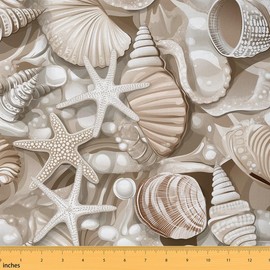 jejeloiu Starfish Fabric by The Yard, Ocean Beach Shell Upholstery Fabric for Chairs, Luxury Sealife Decorative Waterproof Fabric for DIY Indoor and Outdoor Projects Curtain Furnishing, 1 Yard, Beige