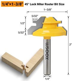 WSOOX 1/4 Inch Shank 45 Degree Lock Miter Router Bit Set, 3pcs Joint Router Bits, Wood Milling Cutter Glue Joint Tools Set (for Cutting 1/2Inch, 3/4Inch, 5/8Inch Wood Stock) (1/4 Shank)