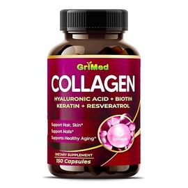GriMed Cápsulas de colágeno orgánico con ácido hialurónico, biotina, queratina y resveratrol, suplemento para uñas de piel y cabello, 150 unidades