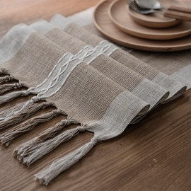 Niviy Farmhouse Table Runner, Embroidered Striped Braided Coffee Boho Table Runner, Cotton Linen Farmhouse Table Decoration for Holiday Party 12 x 108 Inches