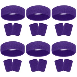 18 Pcs Sweatbands Headband Wristband Set Colorful Striped Terry Cloth Sports Athletic Gym 80s Sweat Headbands Wrist Bands (Purple)