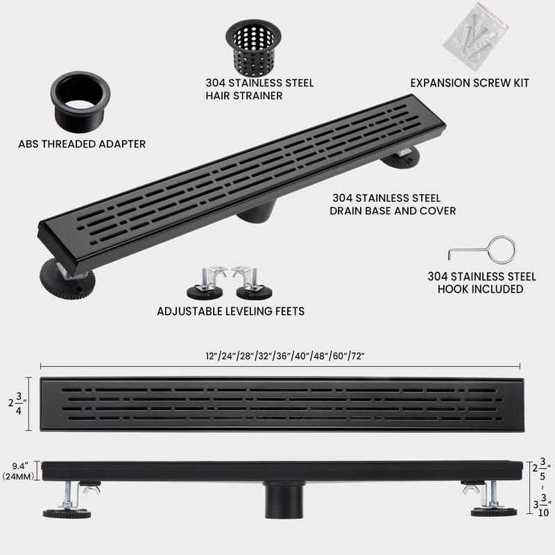 32 Inch Linear Shower Drain, Matte Black Shower Drain,Removable Grate,