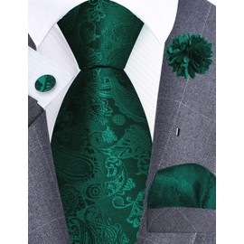 Gusleson Green Tie for Wedding Mens Silk Paisley Emerald Green Necktie Pocket Square Cufflinks and Lapel Pin Brooch Set (UK6105-37)