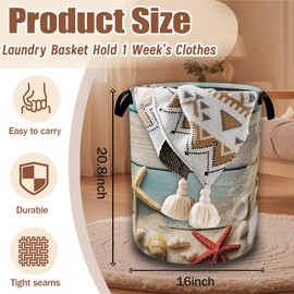 Beach Seashell Starfish Laundry Baskets,Blue White Wooden Laundry Hamper,Storage Basket with Handles for Bathroom Bedroom College Dormitory Living Room Nursery Organizer 16"x20.8"