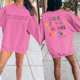 Wrenpies Oversized Christian Sweatshirts Women Faith Jesus Bible Verse Shirts God Is Within Her Inspirational Pullover Tops (Pink,L)