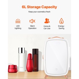 VEVOR Mini Fridge for Bedroom, 6L, Luxury Cosmetic Fridges - LED Light & HD Mirror, AC/DC Portable Mini Fridge for Car Dorm Office, Compact Personal Fridge for Beauty Face Mask Beverage Chill, White