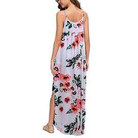 HUSKARY Women's Summer Maxi Dress Casual V-Neck Sleeveless Bohemian Spaghetti Strap Floral Long Maxi Dress with Pockets White Flower Small