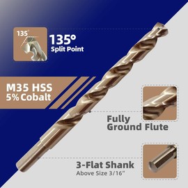 HIGHFIRE 29 PCS M35 Cobalt Drill Bit Set, HSS Twist Jobber Drill Bits with 135 Degrees Split Point and Three-Flat Shank, 3/8” Reduced Shank, Gold Oxide Metal Drill Bits Set (1/16” - 1/2” x 1/64”)