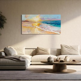 Ocean Wall Art for Living Room, Beach Canvas Wall-Decor for Bedroom, Sunset Picture Print for Home, Size 48x24 Inches