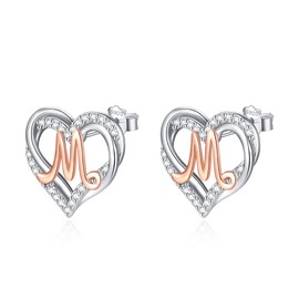 INFUSEU M Earrings Initial Letter Jewelry for Women Small Heart Shaped Ear Studs Sterling Silver 925 Cute Gifts Her Birthday Mother Daughter Wife Girlfriend Cubic Zirconia CZ Alphabet Monogram