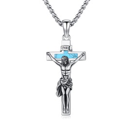ZIPPICE Crucifix Necklace Men 925 Sterling Silver Catholic Cross Pendant Crucifix Cross Pendant with 22”+2” Stainless Steel Chain Amulet Necklace Jewellery Gifts for Men Women (Turquoise)