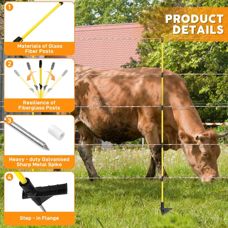 Efarmkeper 48 Inch / 4 Ft Fiberglass Step-in Electric Fence