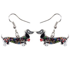 BONSNY Enamel Alloy Dachshund Dog Pets Earrings for Women Kids Jewelry Novelty Funny Charms Original Design (Black)