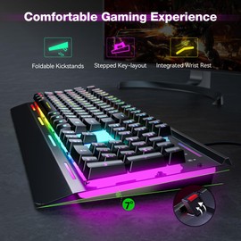 TECKNET Gaming Keyboard, USB Wired Computer Keyboard, 15-Zone RGB Illumination, IP32 Water Resistance, 25 Anti-ghosting Keys, All-Metal Panel (Whisper Quiet Gaming Switch)