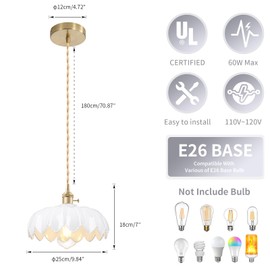 OURIFU Mid Century Modern Pendant Light Nordic White Chandelier with Hand Blown Flower Glass Shade Brass Adjustable Height Dining Table Pendant Lamp with Switch for Kitchen Island Dining Room Hotel