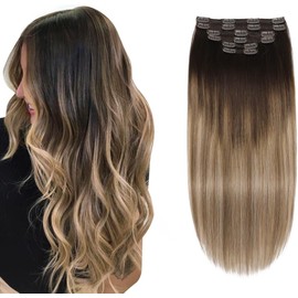 XDhair Clip In Hair Extensions Human Hair,18 Inch 120g 6pcs Dark Brown to Chestnut Brown and Dirty Blonde Clip in Extensions Human Hair for Women (clip#2/6/18,18Inch)