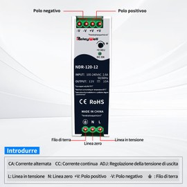 ReleyWell, NDR-120-12 DIN Rail Power Supply 12 V, 120 W, 10 A; Transformer 230 V to 12 V LED, DIN Rail, 12 Volt Power Supply, Bell Transformer
