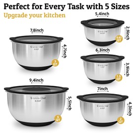 Mixing Bowls with Lids Set - Non-Slip, Airtight Warp-Proof TPR-AS Lids, Thicker Stainless Steel Bowls, Measurement Lines & 3 Graters, Prep Meal Bowl, Black Nesting Bowl for Kitchen, 5/3/2/1.5/0.63QT