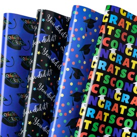RUSPEPA Graduation Wrapping Paper Sheets for Boys, Blue Design with Congrats, You Did It, Caps and Colorful Confetti for Graduation Celebrations, 12 Folded Sheets, 19.68 X 27.5 Inch