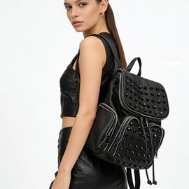Downupdown ​Studded Backpacks for Women and Men Leather Flap Rivet Backpack knapsack Ladies Casual Daypack Shoulder Bag Cool Zipper Backpack with Top Handle Bucket Bag-Black