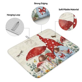 LIFEMUSION Mushroom Dish Drying Mat for Kitchen Counter, Red Gnomes Spring Kitchen Mat Baby Bottle Microfiber Drying Pad, Eucalyptus Leaves Summer Floral Absorbent Coffee Cup Dishes Drainer Mats 18"x24", 2 Pcs
