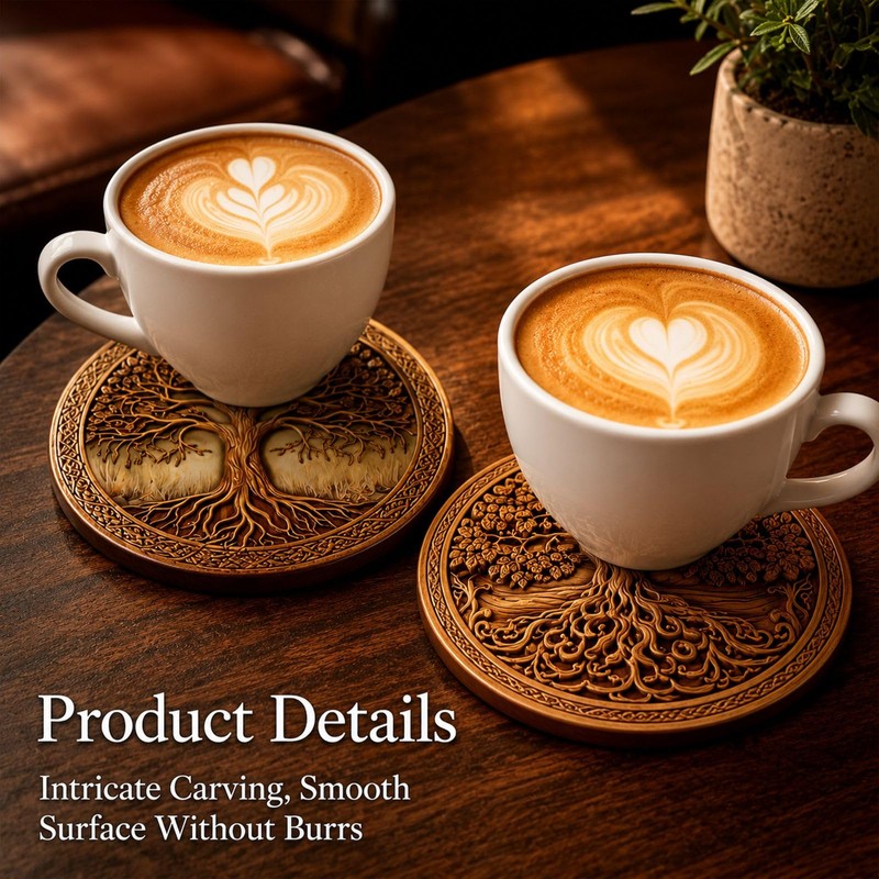 8PCS Wooden Coasters, Coaster Set with Tree Design for Home