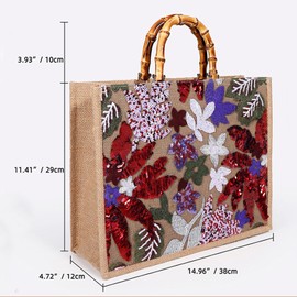 Tote Bag, Sackcloth Handbags for Women, Sequin Embroidery Beach Bags, Natural Bamboo Handle, Bohemian Handbag Large Capacity Shoulder Bag Suitable for Travel Daily(Red Flowers)