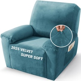 ZNSAYOTX 2025 Velvet Oversized Recliner Cover 3-Piece, Luxury Plush Recliner Chair Covers with Elastic Band & Ties Stay in Place, Stretch Reclining Slipcover for Lazy Boy Soft Washable (Peacock Blue)