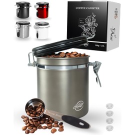 Pro@Home43® - Coffee Canister Airtight 500 g - Gun Metal - Coffee Bean Storage Container 1.5 L Made of Stainless Steel with Calendar Function, Includes Dosing Spoon, Delivered in Gift Box