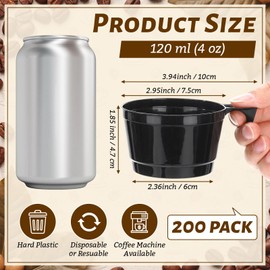 200 Count 4 oz Hard Plastic Coffee Cup Bulk Tea Cups Disposable Mini Mugs Transparent with Handle for Party, Wedding, Graduation, Birthday, Cafe, Restaurant, Catering, Buffets Events (Black)
