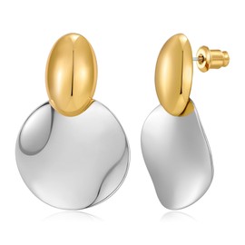 MYCUTEY Gold And Silver Stud Earrings For Women Statement Round Disc Drop Chunky Hammered Geometric Earring