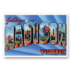GREETINGS FROM MADISON, WI vintage reprint postcard set of 20 identical postcards. Large Letter Madison, Wisconsin city name post card pack (ca. 1930's-1940's). Made in USA.