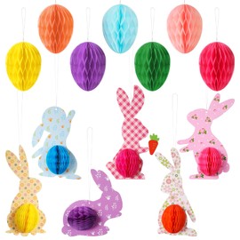 Tenare 13 Pcs Easter Hanging Decorations Easter Bunny Decorations Honeycomb Balls Paper Colorful Rabbit Easter Hanging Eggs Ornaments for Home Tree School Holiday Spring Party Supplies (Lively Style)