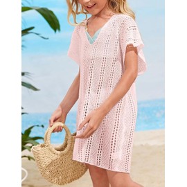 Yesfashion Girls swim cover up crochet swimsuits kids swimwear beachwear tops, Light Pink, 13-14 Years