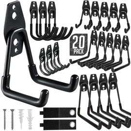CLEANCAVE 20-Piece Set Garage Hanger Hooks Heavy Duty, Black, Iron Hook & Nylon Strap, Includes Round & Square Hooks in Various Sizes for Organized Storage