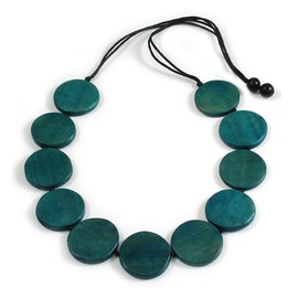 Avalaya Teal Round Wooden Bead Statement Necklace on Adjustable Black Cotton Cord – 84cm Max Length