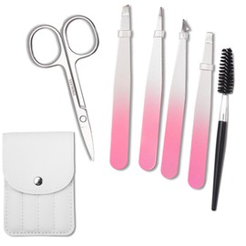 New Upgraded Tweezers Eyebrow Set for Professionals, 6 PCS Stainless Steel Tweezers for Facial Hair, Precision Eyebrow Tweezers Set for Ingrown Hair Tweezers for Men & Women, Pink