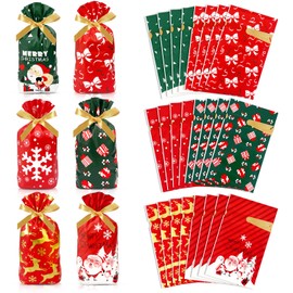FANOST 24 Pieces Christmas Gift Wrap Bags Plastic Christmas Drawstring Candy Treat Cookie Pouch Bags Bulk for Merry Xmas Christmas Party Santa Snowflakes Goodie Bags Fillers Party Favors Supplies
