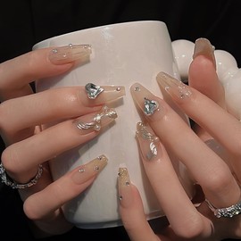 Pure Handmade Nails Press on Nail Reusable Fake Nails White Rhinestones Bling Bling Nude Medium Stick on Nails French Tip False Nails 10pcs (XS, Q271)