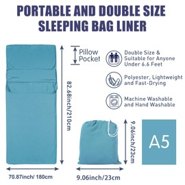 Srvillg Double Sleeping Bag Liner, 180cm x 210 cm Large Camping Sleeping Bag Liners, Portable Lightweight Travel Sheet Liner with Pillow Slot for Business Trip, Hotels (Blue, 180cm x 210 cm)
