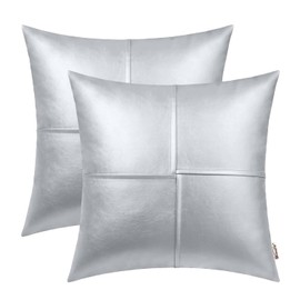 BRAWARM Faux Leather Throw Pillow Covers 20 X 20 Inches, Silver Leather Pillow Covers Pack of 2, Hand Stitched Leather Decorative Throw Pillows for Couch Sofa Bed Living Room Home Garden