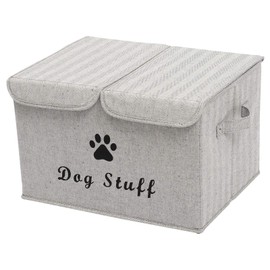 Geyecete Large Storage Boxes - Large Linen Fabric Foldable Storage Cubes Bin Box Containers with Lid and Handles for Dog Apparel & Accessories, Dog Toys, (Striped Gray)