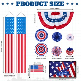 Remagr 14 Pcs 4th of July Porch Sign Outdoor Decorations, 5.9' American Patriotic Hanging Paper Fans Flag Banners Mat Set Memorial Day Front Door Decoration for USA Independence Day Party Supplies