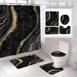4Pcs Marble Shower Curtain Sets, Bathroom Sets with Shower Curtain and Rugs and Accessories, Rug Toilet Lid Cover and Non-Slip U Shape Mat, Waterproof Black Shower Curtain with 12 Hooks, 72" x 72" - Color: Black-2
