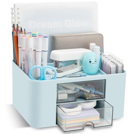 RISEMART Desk Organiser with 2 Drawers (Blue Double Layer)