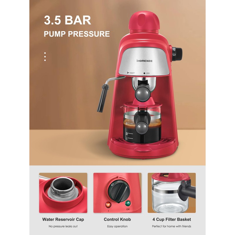 Ihomekee Espresso Machine, 3.5Bar Espresso and Cappuccino Machine with Preheating