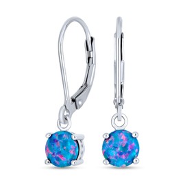 Simple Round Solitaire Blue Created Opal Lever back Drop Dangle Earrings For Women Sterling Silver October Birthstone