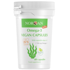 NORSAN Premium Omega 3 Vegan Capsules 80 Pieces / 1,700 mg Omega 3 per Daily Dose / Vegan Algae Oil Capsules with 420 mg EPA & 840 mg DHA/Omega 3 Algae Oil from Sustainable Cultivation